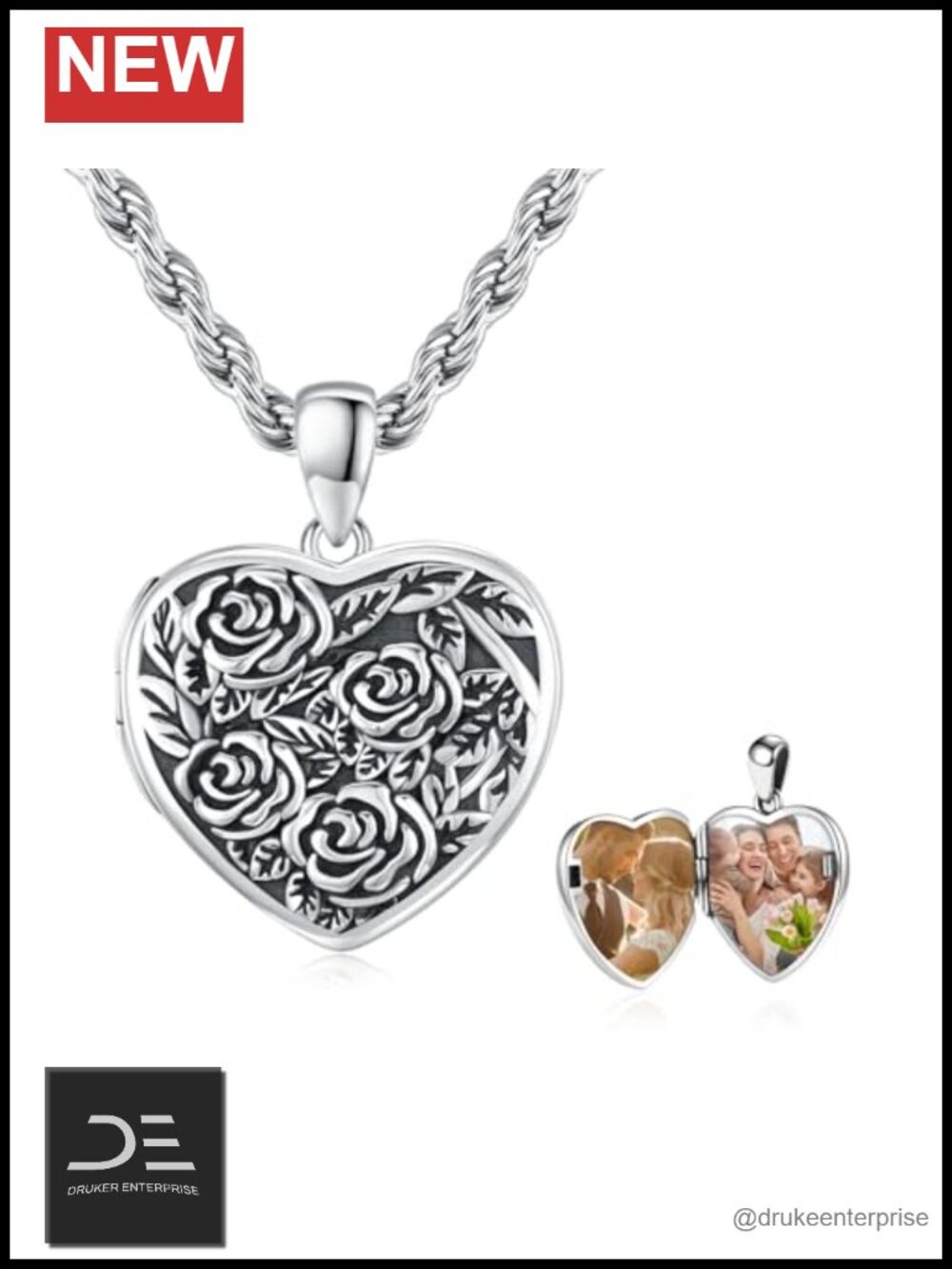 Sterling Silver Heart Locket Necklace Rose Engraved 20mm Photo Memorial Jewelry